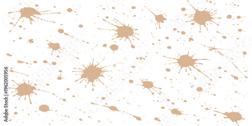 Abstract a chaotic and dynamic composition of beige paint splatters scattered across the frame, each splash a unique abstract form, creating a visually compelling textured pattern.