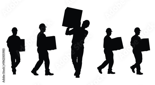 Five movers carrying boxes in a stark black silhouette