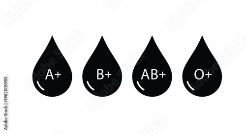 Four blood drop silhouettes displaying different blood types