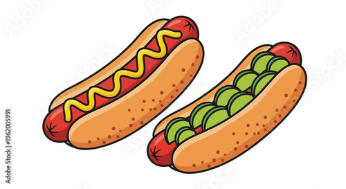 Two colorful hot dogs with toppings presented as a graphic silhouette