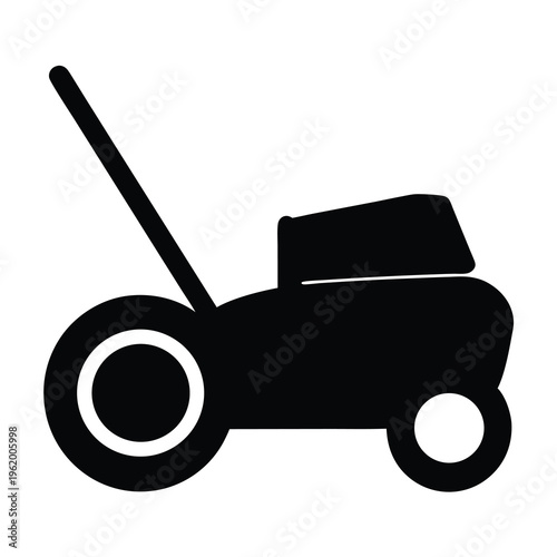 Simple black silhouette of a lawn mower with handle and wheels