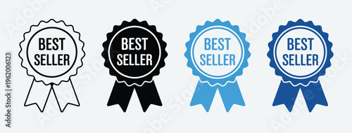 best seller badge icons pack, outline and solid style labels in black and blue tones, award and quality guarantee symbols, marketing and promotion elements, clean vector illustration isolated on white