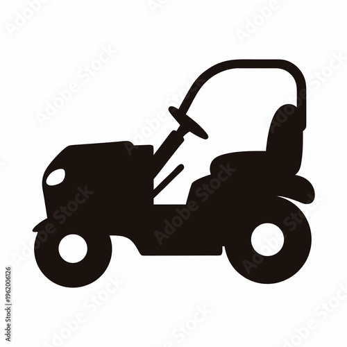 Silhouette of a riding lawn mower with seat, steering wheel and tires