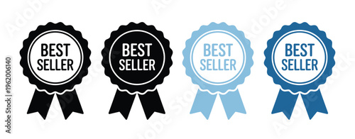 best seller vector badges set, outline solid black blue and dark blue variations, award and premium quality icons, marketing labels collection, retail promotion symbols isolated on white background.