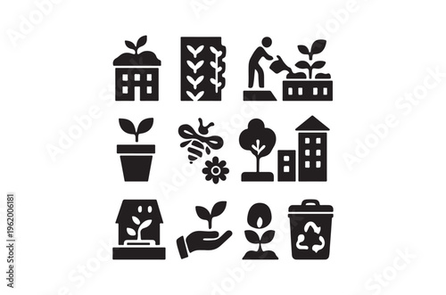 Black and white icons depicting gardening plants and sustainable living
