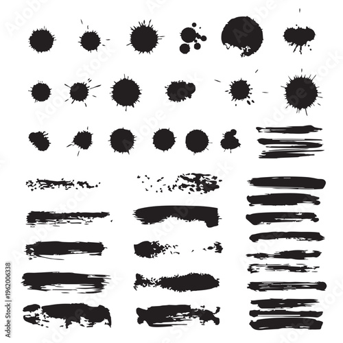 Black ink splatter vector illustration set with brush strokes and drops