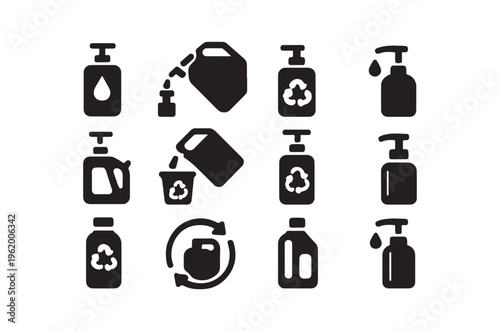 Black silhouette icons depicting various cleaning and hygiene products