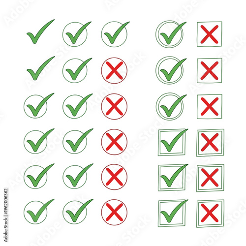 Checkmarks and cross symbols icons set.