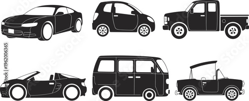 Sports car silhouette, compact car icon, pickup truck vector, convertible design, minivan artwork, vintage roadster, flat vehicle illustration