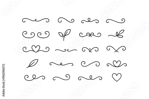 Collection of hand drawn swirls leaves and heart decorative elements