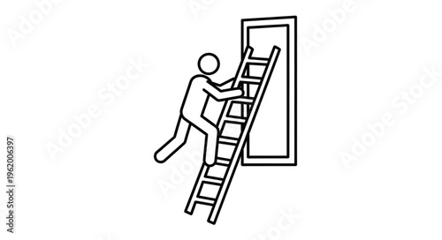 Stick figure climbing a ladder towards an open door.