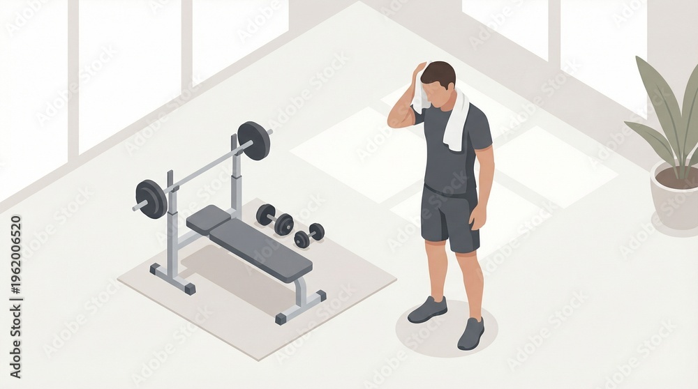 Fototapeta premium Exhausted man wiping sweat after an intense gym exercise session, standing beside a weight bench with barbell and dumbbells, illustrating the demanding nature of fitness workouts and personal effort