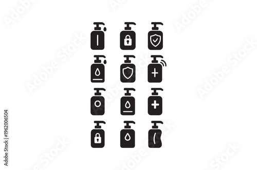 Black silhouette icons depicting various hand sanitizer pump bottles