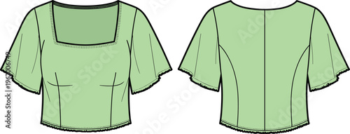 Light green blouse front and back views with black outlines and trim shirt clothing fashion