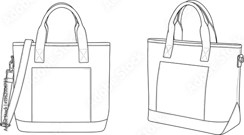 Line of two white tote bags with handles and pockets handbag purse line bag