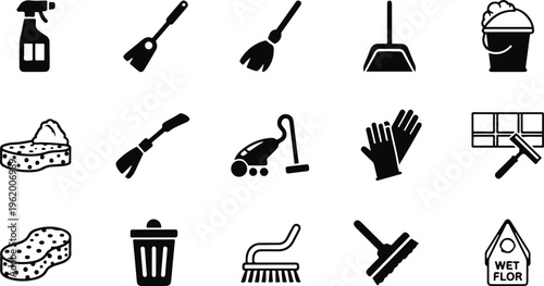 Flat lay cleaning and household chores icons set on white background for home organization
