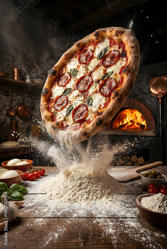 Pizza artesanal napolitana, na pizzaria rustica, com forno ao fundo