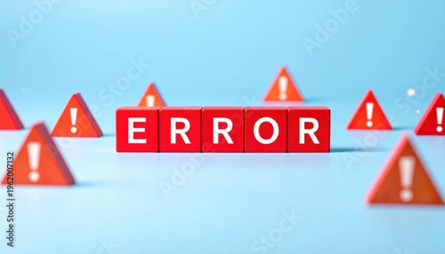 Digital Red Blocks Spelling ERROR Surrounded by Orange Warning Signs with Exclamation Marks on a Light Blue Studio Background Dramatic Lighting Focused on Central Text