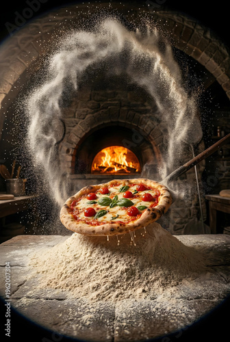 Pizza artesanal napolitana, na pizzaria rustica, com forno ao fundo