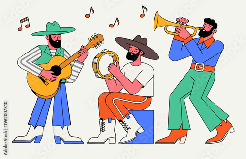 Colorful flat vector illustration of a music band playing guitar, tambourine and trumpet. Modern characters performing live music and creating festive atmosphere.