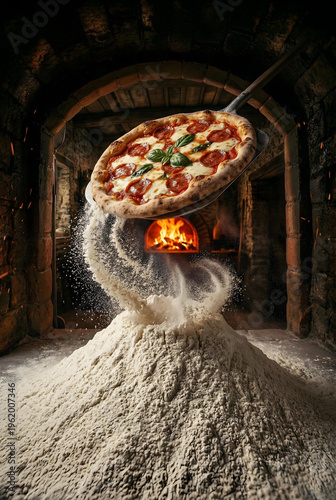 Pizza artesanal napolitana, na pizzaria rustica, com forno ao fundo