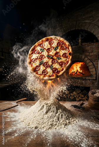 Pizza artesanal napolitana, na pizzaria rustica, com forno ao fundo