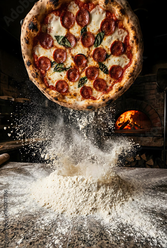 Pizza artesanal napolitana, na pizzaria rustica, com forno ao fundo