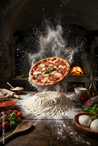 Pizza artesanal napolitana, na pizzaria rustica, com forno ao fundo