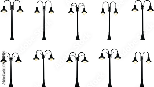 Black street lamps with two lights on white background black lamps double headed lamps light posts urban lighting