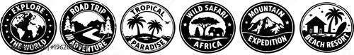 Set of vintage travel badge logos with adventure themes. Retro round emblems featuring mountains, safari, tropical beach and road trip elements for tourism branding and outdoor design