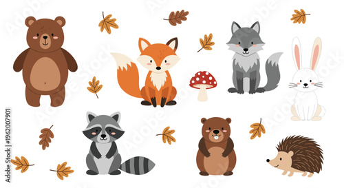 Cute playful woodland animal pals vector set with bear hugging raccoon and jumping rabbit on white background