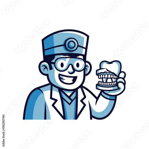 Smiling male dentist holding a dental model, cartoon illustration.
