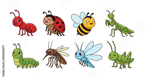 Cute smiling insects vector collection featuring friendly ant ladybug bee and grasshopper character mascots on white background
