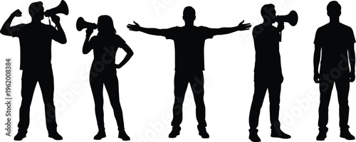 Black silhouettes of people holding megaphones and gesturing gestures