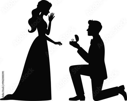 Romantic silhouette vector of man kneeling with ring box proposing to woman in long dress, emotional wedding engagement love moment