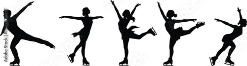 Set of five professional figure skater silhouettes performing graceful jumps and artistic poses on ice isolated on white background vector illustration