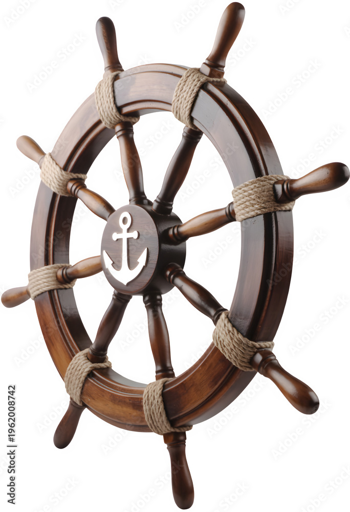 Obraz premium Vintage wooden ship steering wheel with anchor emblem isolated on transparent background