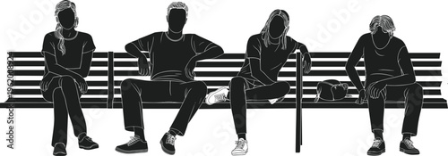 Silhouette illustration of a group of four diverse young people sitting together on a park bench in a public space.