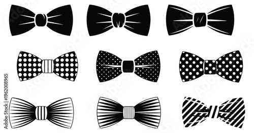 bowtie icon pack, formal menswear accessory silhouettes, black and white pattern designs, elegant fashion symbols, classic clothing elements, minimal modern vector collection isolated on white 
