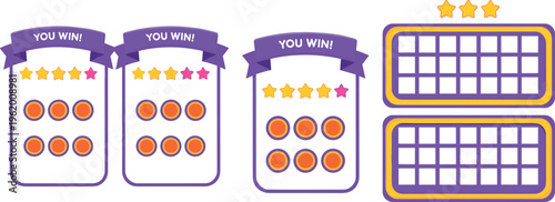 Game reward UI elements set with win screens, stars rating, level progress panels and buttons, cartoon interface vector collection for mobile game design