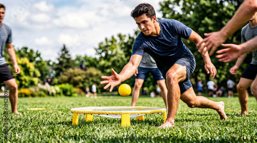 Vigorous young man strikes a bright yellow ball mid-air over a bouncy net during a spirited Spikeball match in a verdant park
