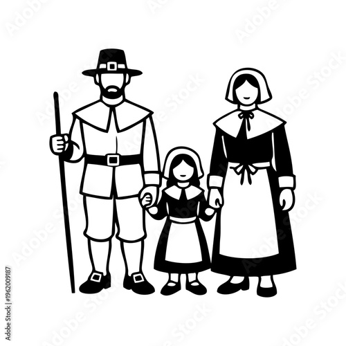 Logotipo con dibujo sencillo con líneas de una familia con una hija, con ropa de peregrino histórico, para el Día de Acción de Gracias
