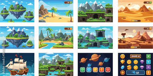Game backgrounds and UI elements set with fantasy landscapes, desert, islands and interface icons, cartoon game assets collection for mobile design and vector illustration