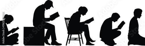 Silhouette people reading books in various seated positions, crouching, kneeling, cross-legged, chair, block, educational vector illustration design