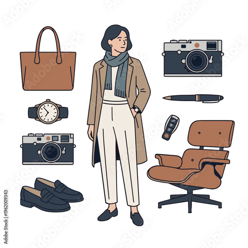 A woman stands surrounded by cameras, accessories, and office furniture, showcasing a lifestyle scene with a mix of personal and professional items.