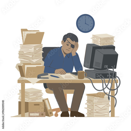 A stressed man sits at a cluttered office desk surrounded by stacks of paper.