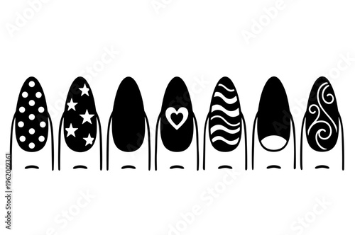 Set of fingernails with various black nail art designs