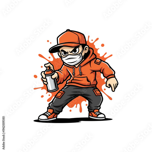 Young graffiti artist in a face mask holding a spray can, ready to create street art.