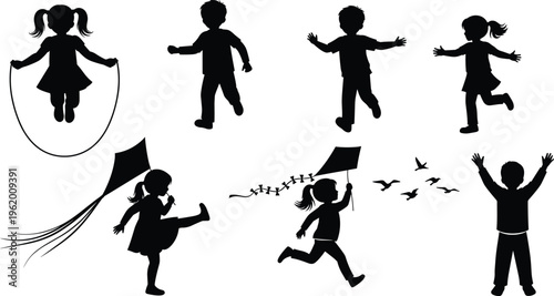 Black silhouettes of children playing with jump rope kite and flying birds kids white background