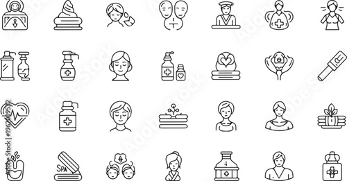flat design healthcare and medical icons set with doctors, patients, medicine, and wellness symbols isolated on white background